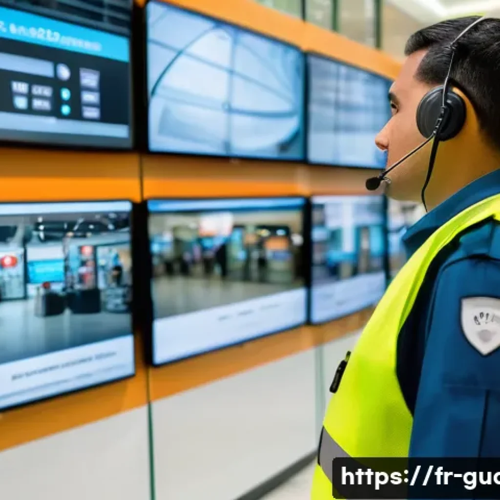 경비지도사 근무 중 발생하는 문제 해결법 - A professional security guard in a modern shopping mall environment, wearing a high-visibility vest ...