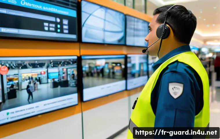 경비지도사 근무 중 발생하는 문제 해결법 - A professional security guard in a modern shopping mall environment, wearing a high-visibility vest ...