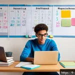 경비지도사 필기 공부 비법 - A focused young adult studying at a neat, well-lit desk in a quiet room, surrounded by diverse study...