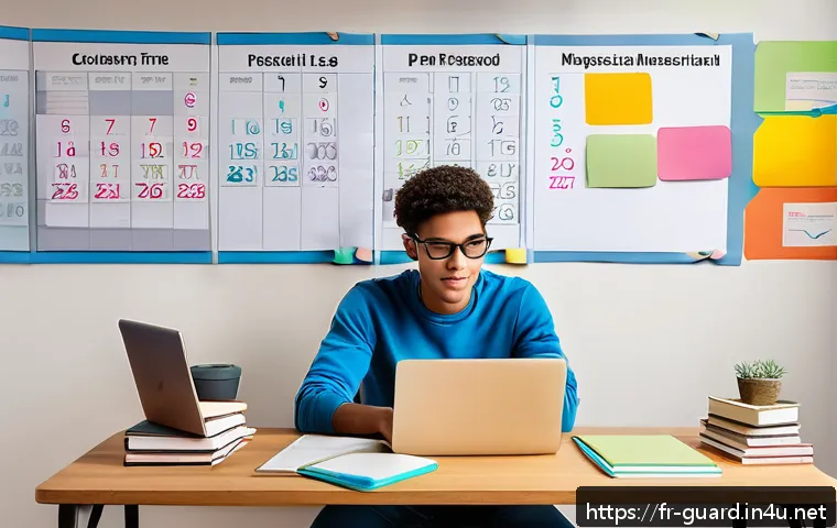 경비지도사 필기 공부 비법 - A focused young adult studying at a neat, well-lit desk in a quiet room, surrounded by diverse study...