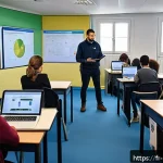 경비지도사 시험에서 실수 줄이는 법 - A professional training classroom scene in France, showing a diverse group of adult students attenti...