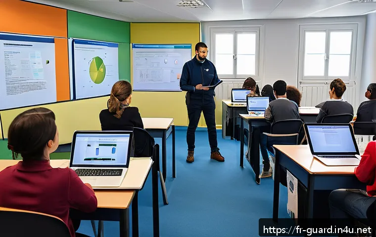 경비지도사 시험에서 실수 줄이는 법 - A professional training classroom scene in France, showing a diverse group of adult students attenti...