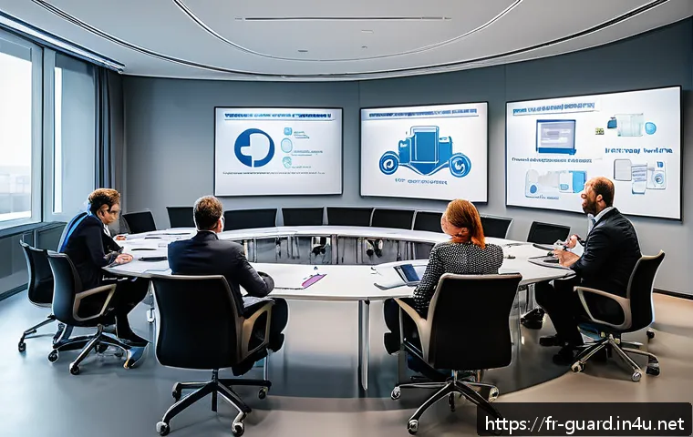 경비지도사 커뮤니티 활동 추천 - A diverse group of private security professionals gathered in a modern conference room during a dayt...