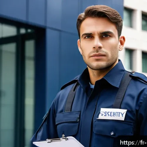 경비지도사와 관련된 인기 자격증 - A professional French private security agent standing confidently in front of a modern office buildi...