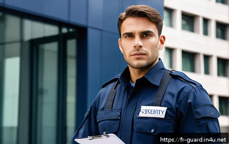 경비지도사와 관련된 인기 자격증 - A professional French private security agent standing confidently in front of a modern office buildi...