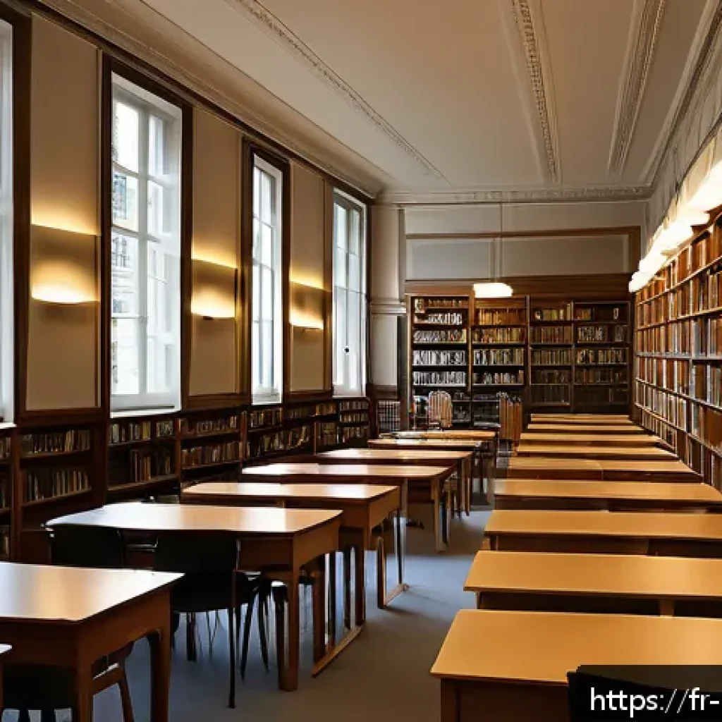 경비지도사 시험 준비에 적합한 장소 - A peaceful municipal library interior in a French city, filled with natural daylight streaming throu...