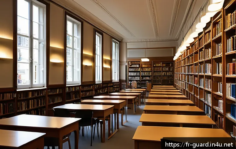 경비지도사 시험 준비에 적합한 장소 - A peaceful municipal library interior in a French city, filled with natural daylight streaming throu...