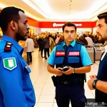 경비지도사 실무 중 겪은 위험 상황 - A vigilant security guard in a busy French shopping mall, calmly intervening in a heated dispute bet...