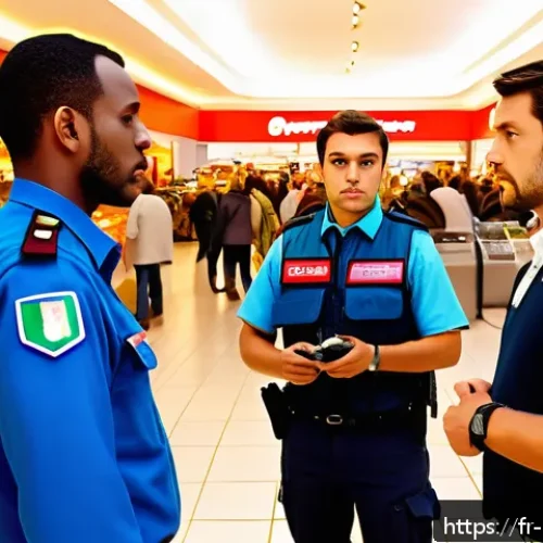 경비지도사 실무 중 겪은 위험 상황 - A vigilant security guard in a busy French shopping mall, calmly intervening in a heated dispute bet...