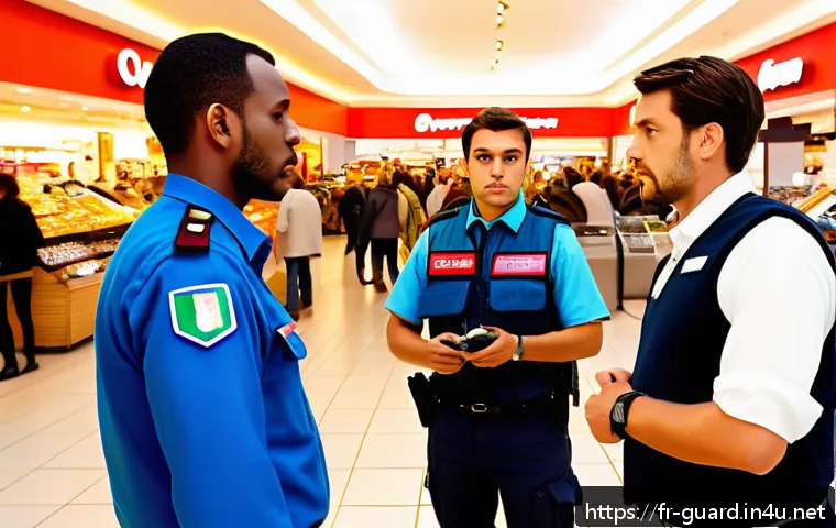 경비지도사 실무 중 겪은 위험 상황 - A vigilant security guard in a busy French shopping mall, calmly intervening in a heated dispute bet...