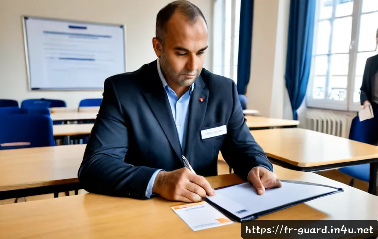 경비지도사 자격증 유지 방법 - Photorealistic French security supervisor attending professional recertification training in a moder...