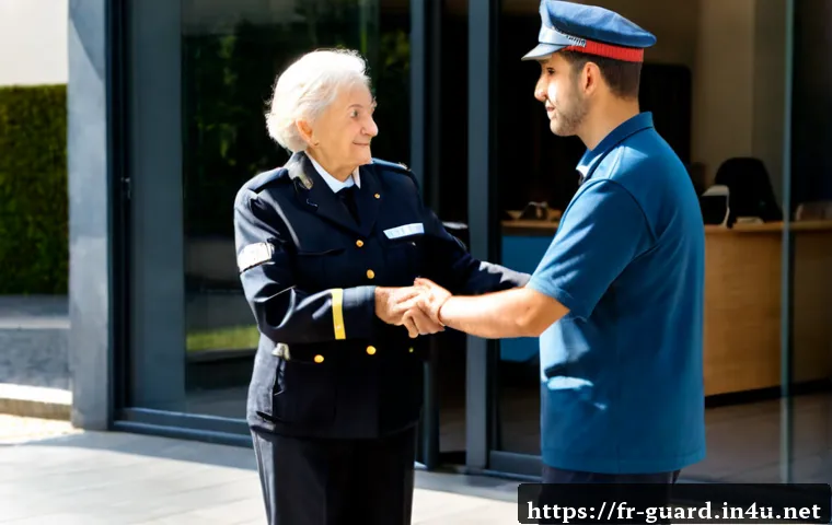 경비지도사 업무 중 보람을 느낀 순간 - Photorealistic scene in a modern French community center, a professional security supervisor in a ne...